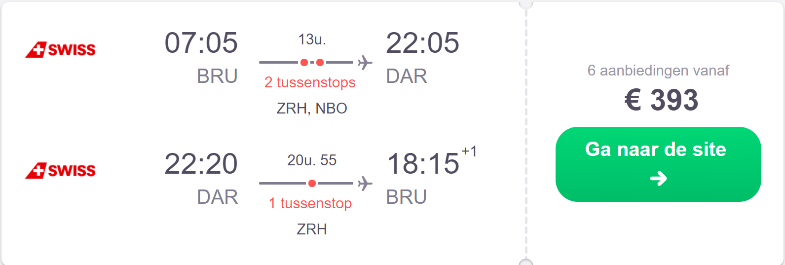 Screenshot van de tickets naar Tanzania