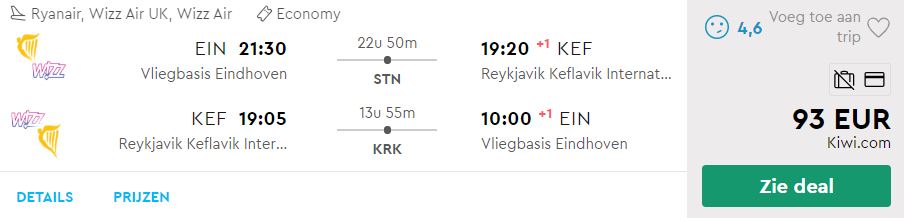 Ryanair + Wizz Air Ticket van Eindhoven naar Reykjavik v/a 93